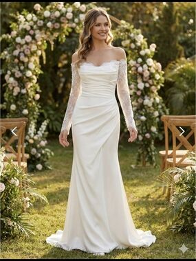 Off-Shoulder Ivory Bridal Gown with Lace Long Sleeves